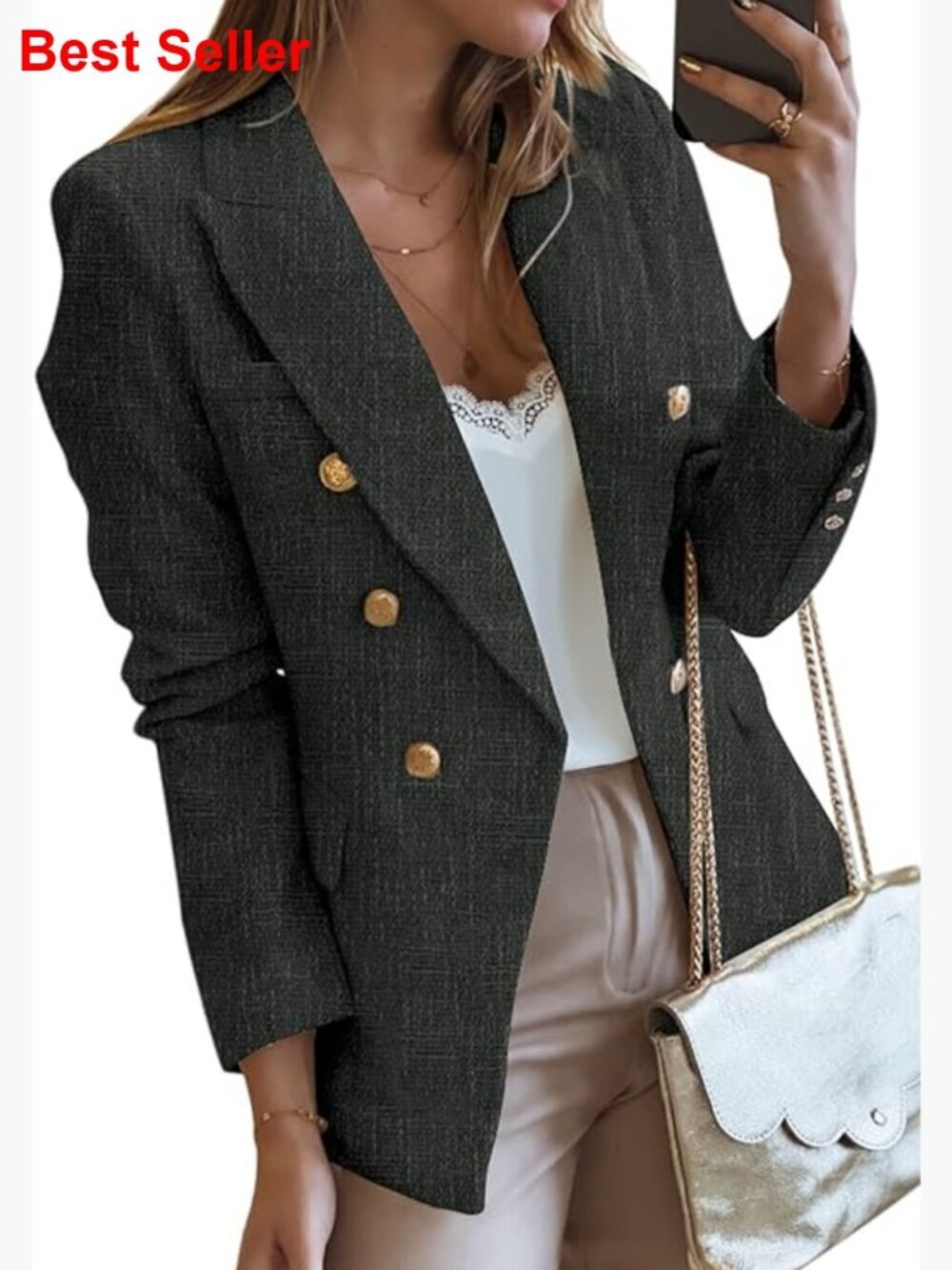 Tweed Blazer Double Breasted Open Front Casual Work Office